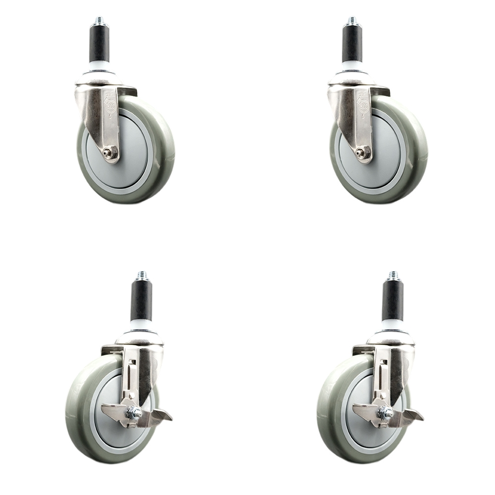 Polyurethane Swivel Stem Caster Set of 4 with 5 Inch Gray Caster Wheels - 1-3/8" Expanding Stems - 316 Stainless Steel Casters-Includes 2 Swivel with Top Lock Brakes and 2 Swivel-Service Caster Brand — photo 1