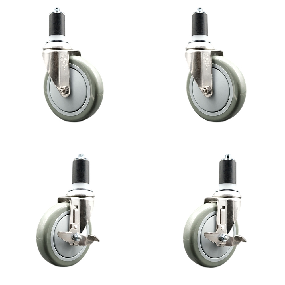 Polyurethane Swivel Stem Caster Set of 4 with 5 Inch Gray Caster Wheels - 1-5/8" Expanding Stems - 316 Stainless Steel Casters-Includes 2 Swivel with Top Lock Brakes and 2 Swivel-Service Caster Brand — photo 1