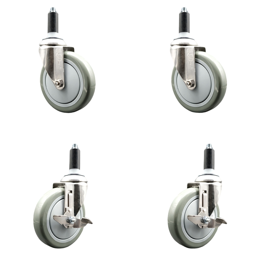 Polyurethane Swivel Stem Caster Set of 4 with 5 Inch Gray Caster Wheels - 1" Expanding Stems - 316 Stainless Steel Casters - Includes 2 Swivel with Top Lock Brakes and 2 Swivel - Service Caster Brand — photo 1
