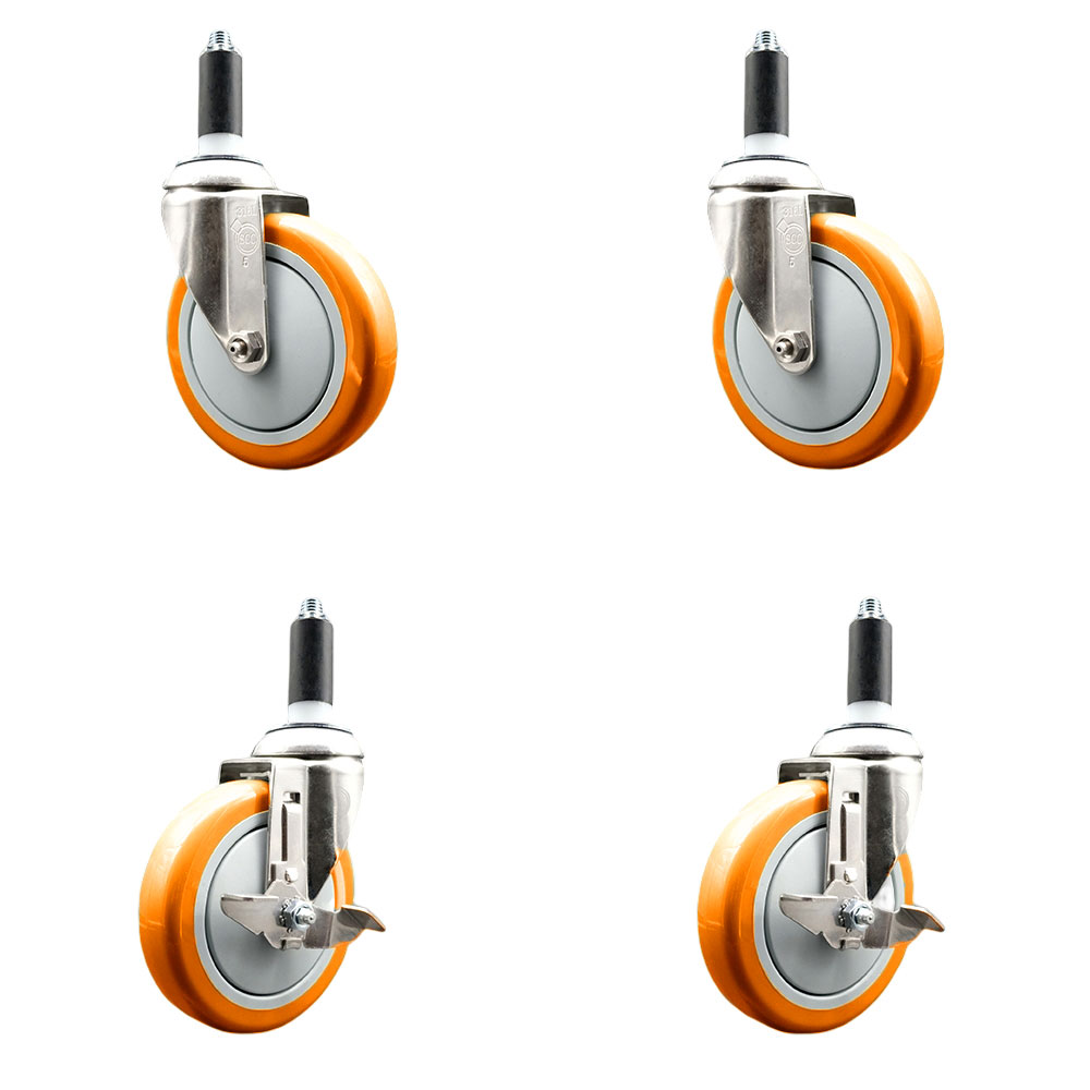 Polyurethane Swivel Stem Caster Set of 4 with 5 Inch Orange Caster Wheels - 1" Expanding Stems -316 Stainless Steel Casters - Includes 2 Swivel with Top Lock Brakes and 2 Swivel - Service Caster Brand — photo 1