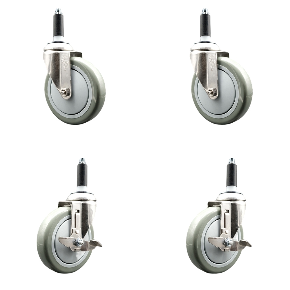 Polyurethane Swivel Stem Caster Set of 4 with 5 Inch Gray Caster Wheels - 3/4" Expanding Stems - 316 Stainless Steel Casters - Includes 2 Swivel with Top Lock Brakes and 2 Swivel-Service Caster Brand — photo 1