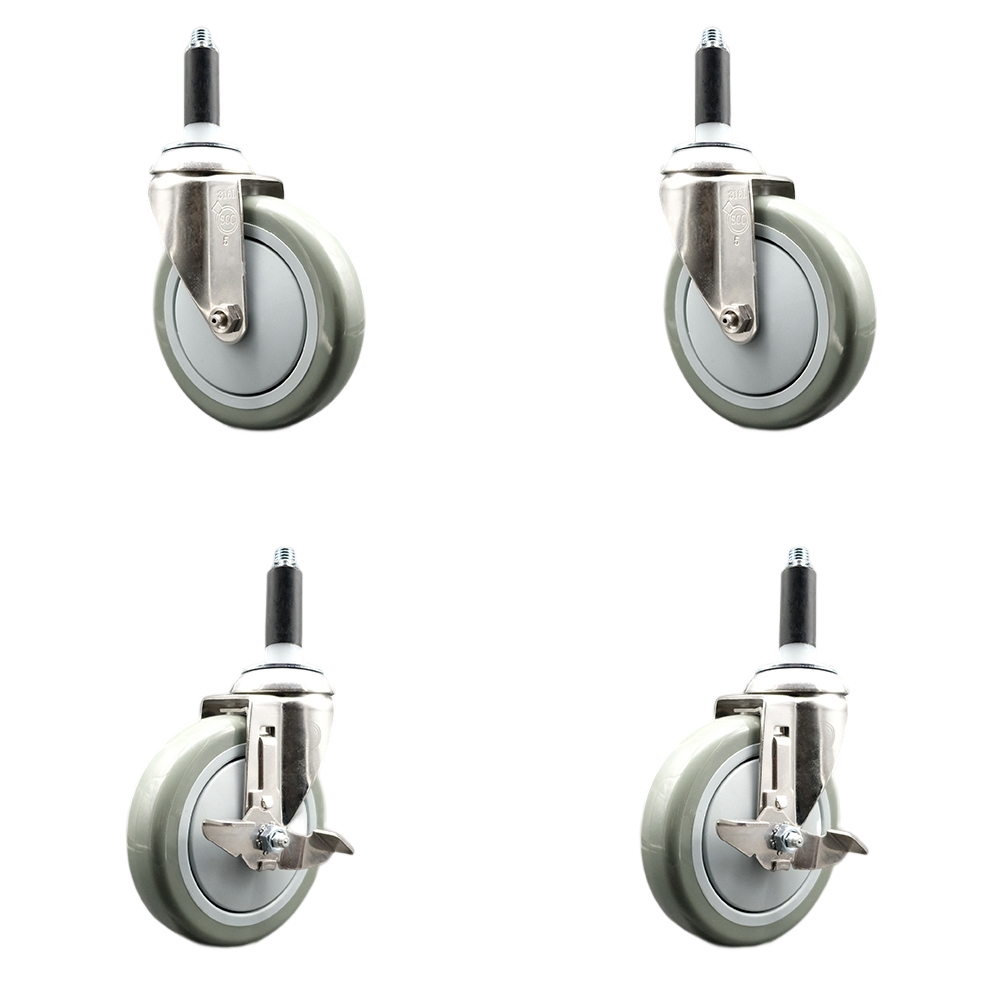 Polyurethane Swivel Stem Caster Set of 4 with 5 Inch Gray Caster Wheels - 7/8" Expanding Stems - 316 Stainless Steel Casters - Includes 2 Swivel with Top Lock Brakes and 2 Swivel-Service Caster Brand — photo 1