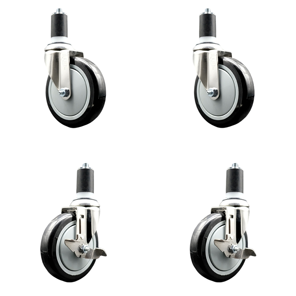 Polyurethane Swivel Stem Caster Set of 4 with 5 Inch Black Caster Wheels - 1-1/2" Expanding Stems - 316 Stainless Steel Casters-Includes 2 Swivel with Top Lock Brakes and 2 Swivel-Service Caster Brand — photo 1
