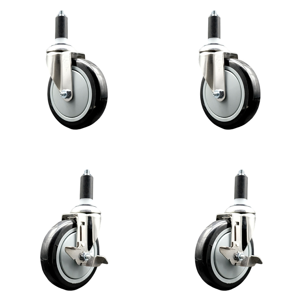 Polyurethane Swivel Stem Caster Set of 4 with 5 Inch Black Caster Wheels - 1-1/4" Expanding Stems - 316 Stainless Steel Casters-Includes 2 Swivel with Top Lock Brakes and 2 Swivel-Service Caster Brand — photo 1