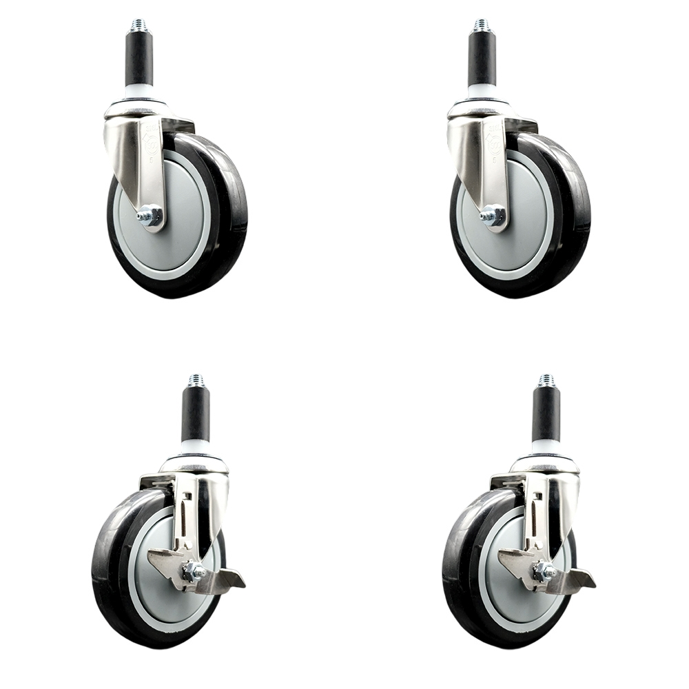 Polyurethane Swivel Stem Caster Set of 4 with 5 Inch Black Caster Wheels - 1-1/8" Expanding Stems - 316 Stainless Steel Casters-Includes 2 Swivel with Top Lock Brakes and 2 Swivel-Service Caster Brand — photo 1