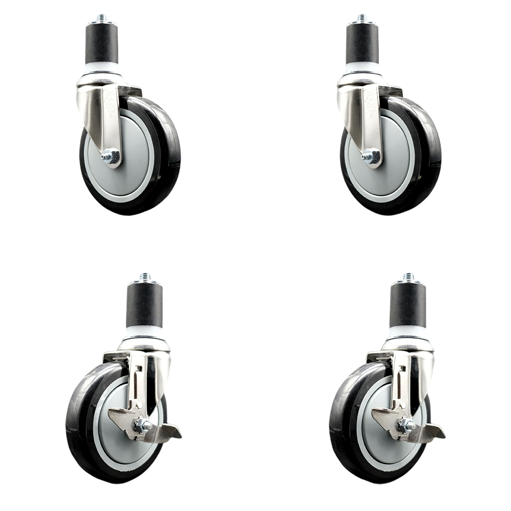 Polyurethane Swivel Stem Caster Set of 4 with 5 Inch Black Caster Wheels - 1-3/4" Expanding Stems - 316 Stainless Steel Casters-Includes 2 Swivel with Top Lock Brakes and 2 Swivel-Service Caster Brand — photo 1