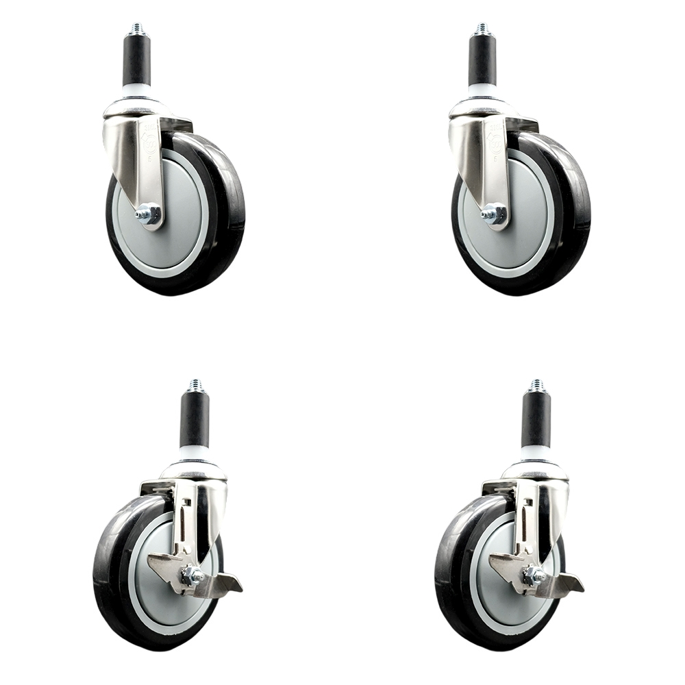 Polyurethane Swivel Stem Caster Set of 4 with 5 Inch Black Caster Wheels - 1-3/8" Expanding Stems - 316 Stainless Steel Casters-Includes 2 Swivel with Top Lock Brakes and 2 Swivel-Service Caster Brand — photo 1
