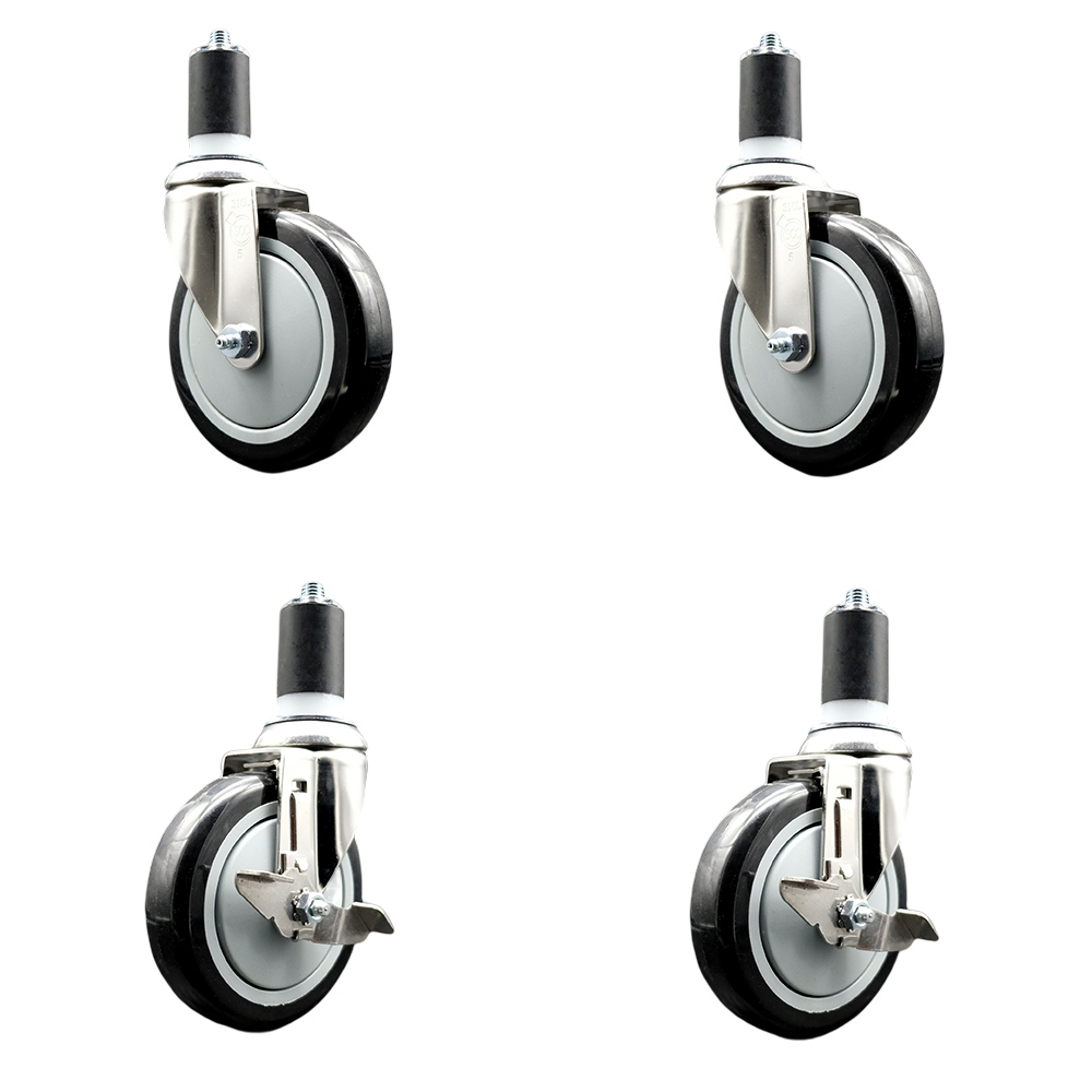 Polyurethane Swivel Stem Caster Set of 4 with 5 Inch Black Caster Wheels - 1-5/8" Expanding Stems - 316 Stainless Steel Casters-Includes 2 Swivel with Top Lock Brakes and 2 Swivel-Service Caster Brand — photo 1