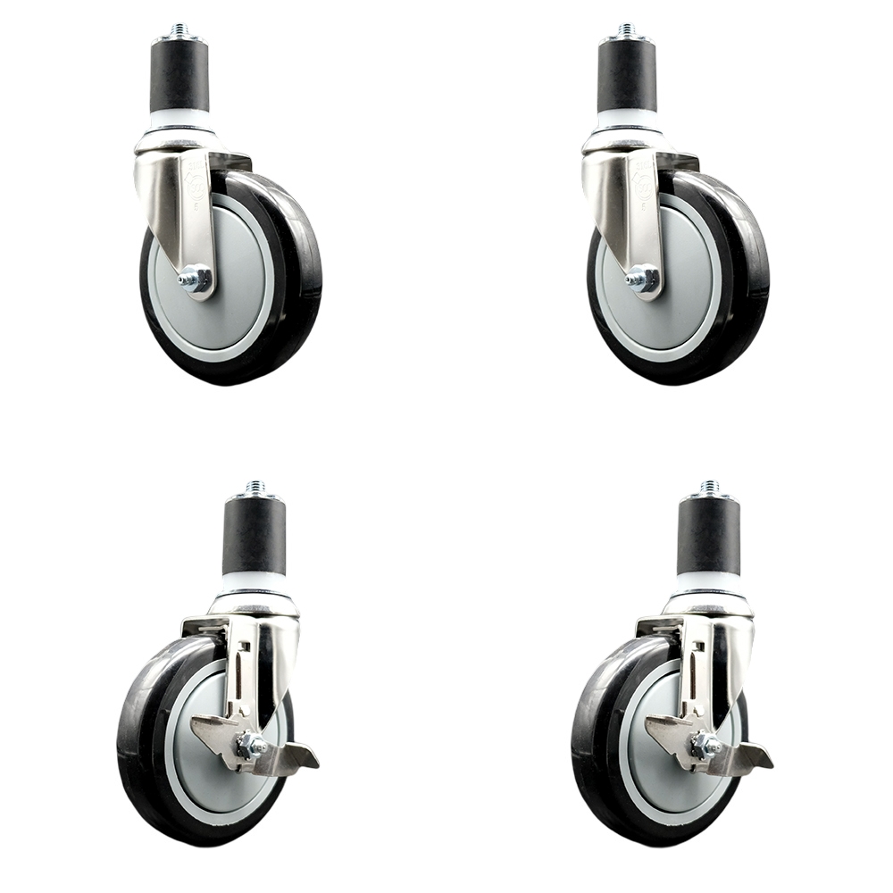 Polyurethane Swivel Stem Caster Set of 4 with 5 Inch Black Caster Wheels - 1-7/8" Expanding Stems - 316 Stainless Steel Casters-Includes 2 Swivel with Top Lock Brakes and 2 Swivel-Service Caster Brand — photo 1