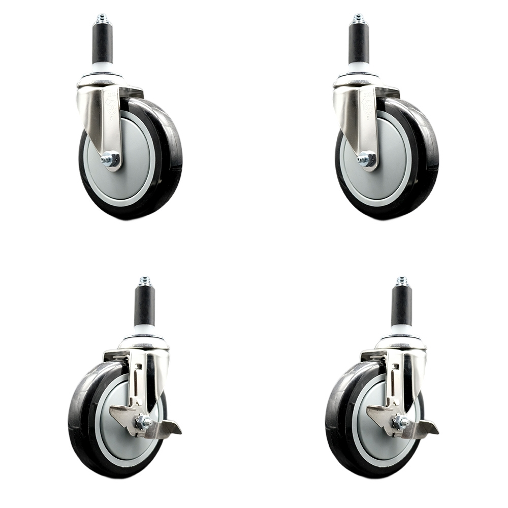 Polyurethane Swivel Stem Caster Set of 4 with 5 Inch Black Caster Wheels - 1" Expanding Stems - 316 Stainless Steel Casters - Includes 2 Swivel with Top Lock Brakes and 2 Swivel - Service Caster Brand — photo 1