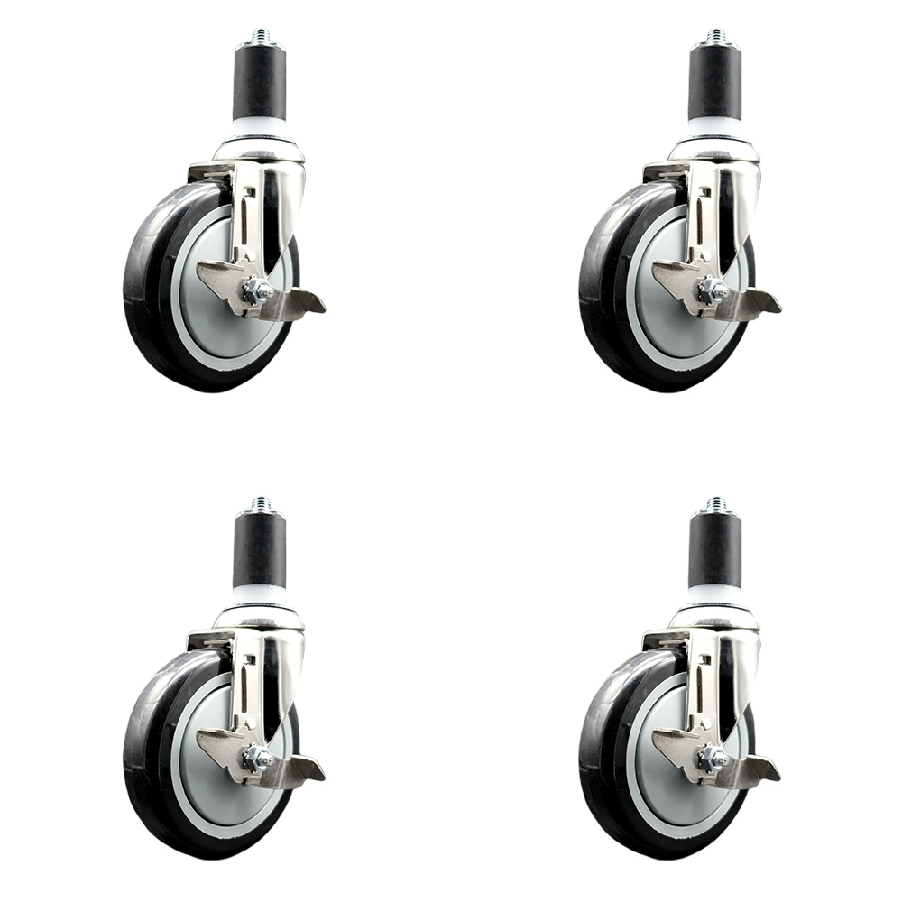 Polyurethane Swivel Stem Caster Set of 4 with 5 Inch Black Caster Wheels - 1-1/2" Expanding Stems - 316 Stainless Steel Casters - Includes 4 Swivel Casters with Top Lock Brakes - Service Caster Brand — photo 1