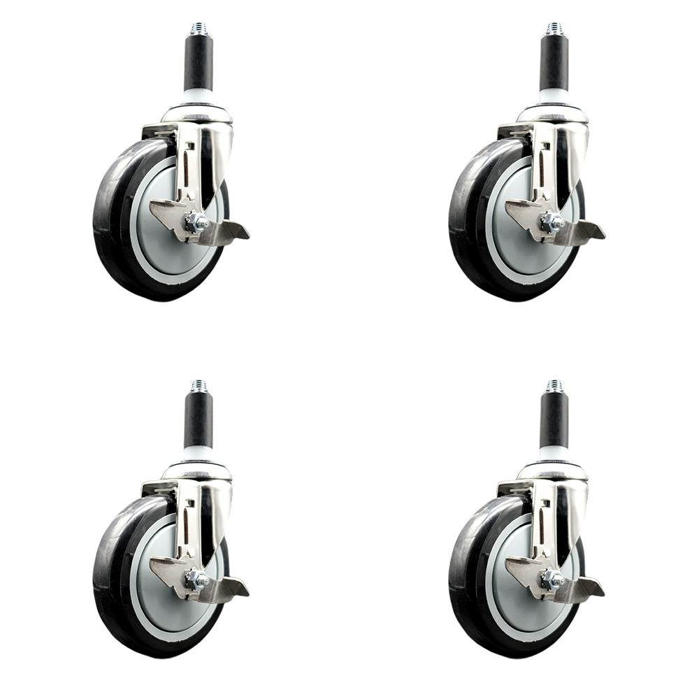Polyurethane Swivel Stem Caster Set of 4 with 5 Inch Black Caster Wheels - 1-1/8" Expanding Stems - 316 Stainless Steel Casters - Includes 4 Swivel Casters with Top Lock Brakes - Service Caster Brand — photo 1