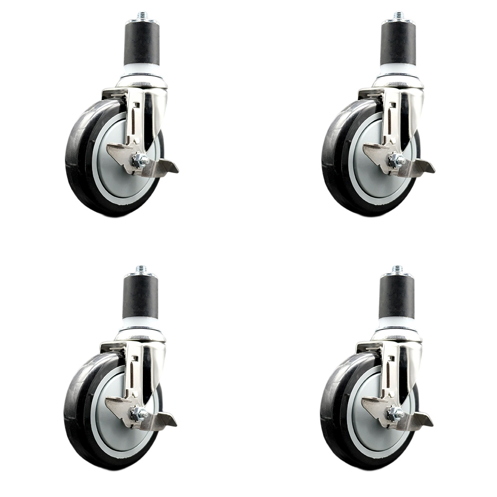 Polyurethane Swivel Stem Caster Set of 4 with 5 Inch Black Caster Wheels - 1-3/4" Expanding Stems - 316 Stainless Steel Casters - Includes 4 Swivel Casters with Top Lock Brakes - Service Caster Brand — photo 1