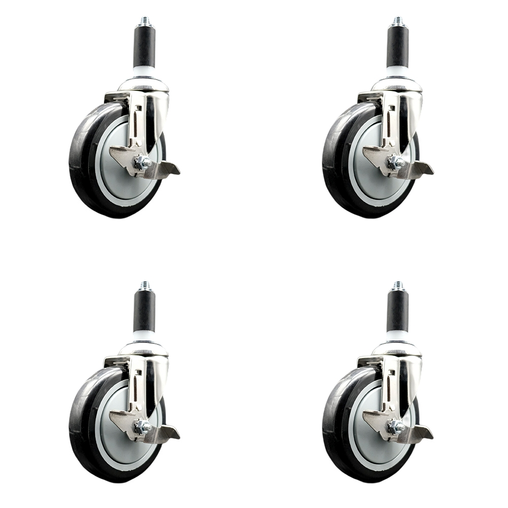 Polyurethane Swivel Stem Caster Set of 4 with 5 Inch Black Caster Wheels - 1-3/8" Expanding Stems - 316 Stainless Steel Casters - Includes 4 Swivel Casters with Top Lock Brakes - Service Caster Brand — photo 1