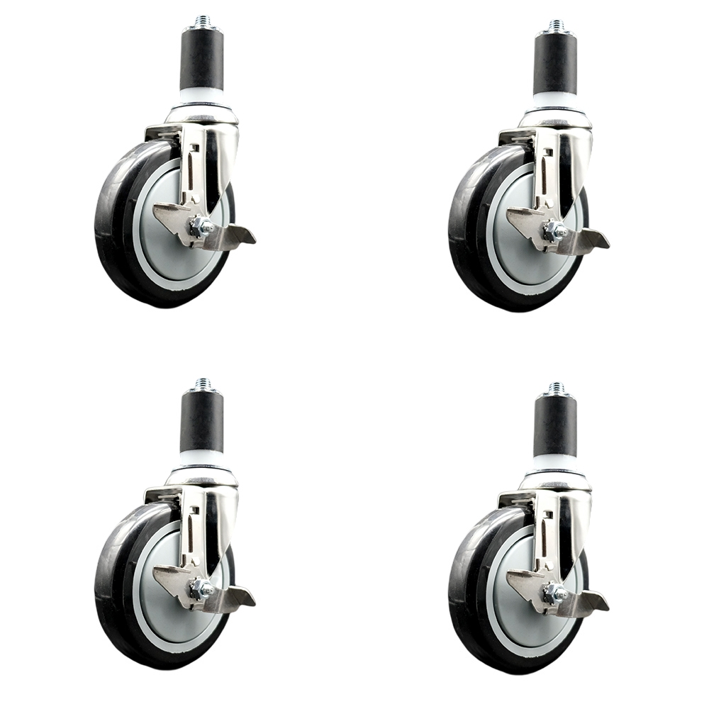 Polyurethane Swivel Stem Caster Set of 4 with 5 Inch Black Caster Wheels - 1-5/8" Expanding Stems - 316 Stainless Steel Casters - Includes 4 Swivel Casters with Top Lock Brakes - Service Caster Brand — photo 1