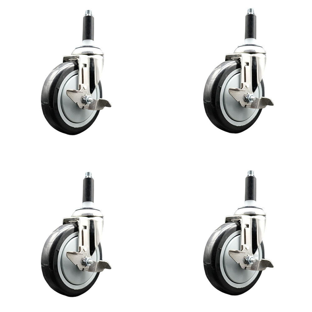 Polyurethane Swivel Stem Caster Set of 4 with 5 Inch Black Caster Wheels - 3/4" Expanding Stems - 316 Stainless Steel Casters - Includes 4 Swivel Casters with Top Lock Brakes - Service Caster Brand — photo 1