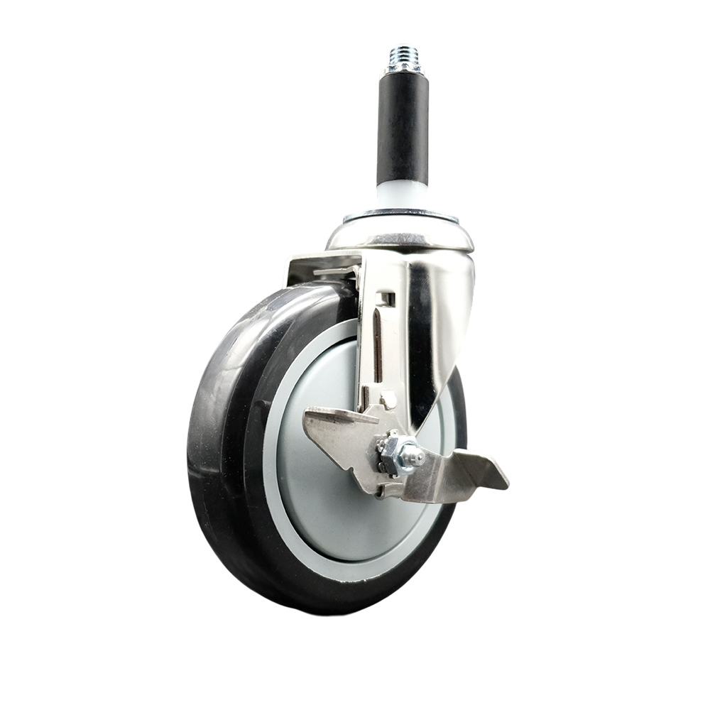 Polyurethane Swivel Stem Caster with 5 Inch Black Caster Wheel and Top Lock Brake - 3/4" Expanding Stem - 316 Stainless Steel Caster - 350 lbs. Capacity Per Caster - Service Caster Brand — photo 1