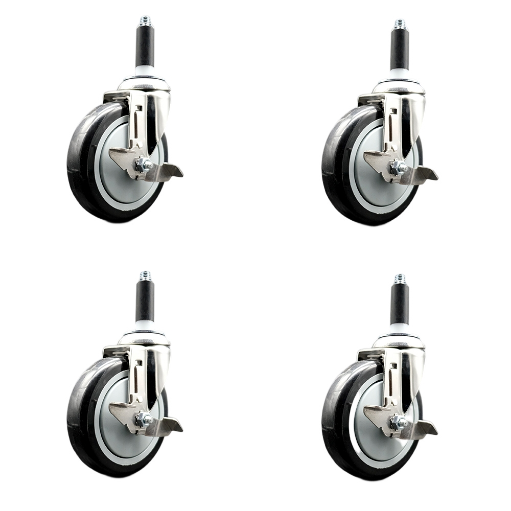 Polyurethane Swivel Stem Caster Set of 4 with 5 Inch Black Caster Wheels - 7/8" Expanding Stems - 316 Stainless Steel Casters - Includes 4 Swivel Casters with Top Lock Brakes - Service Caster Brand — photo 1