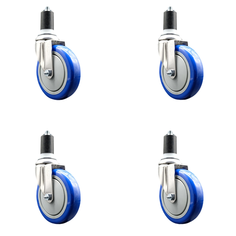 Polyurethane Swivel Stem Caster Set of 4 with 5 Inch Blue Caster Wheels - 1-1/2" Expanding Stems - 316 Stainless Steel Casters - Includes 4 Swivel Casters - Service Caster Brand — photo 1