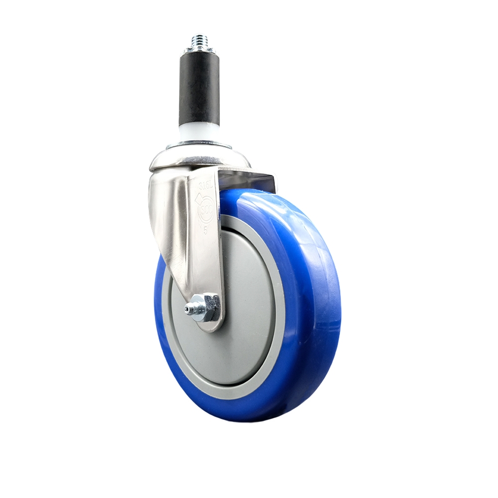 Polyurethane Swivel Stem Caster with 5 Inch Blue Caster Wheel - 1-1/4" Expanding Stem - 316 Stainless Steel Caster - 350 lbs. Capacity Per Caster - Service Caster Brand — photo 1
