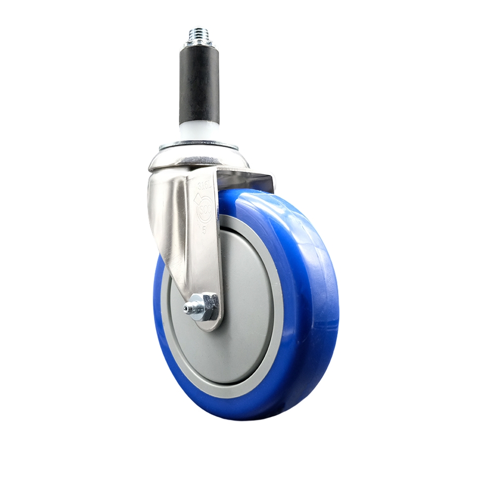 Polyurethane Swivel Stem Caster with 5 Inch Blue Caster Wheel - 1-1/8" Expanding Stem - 316 Stainless Steel Caster - 350 lbs. Capacity Per Caster - Service Caster Brand — photo 1