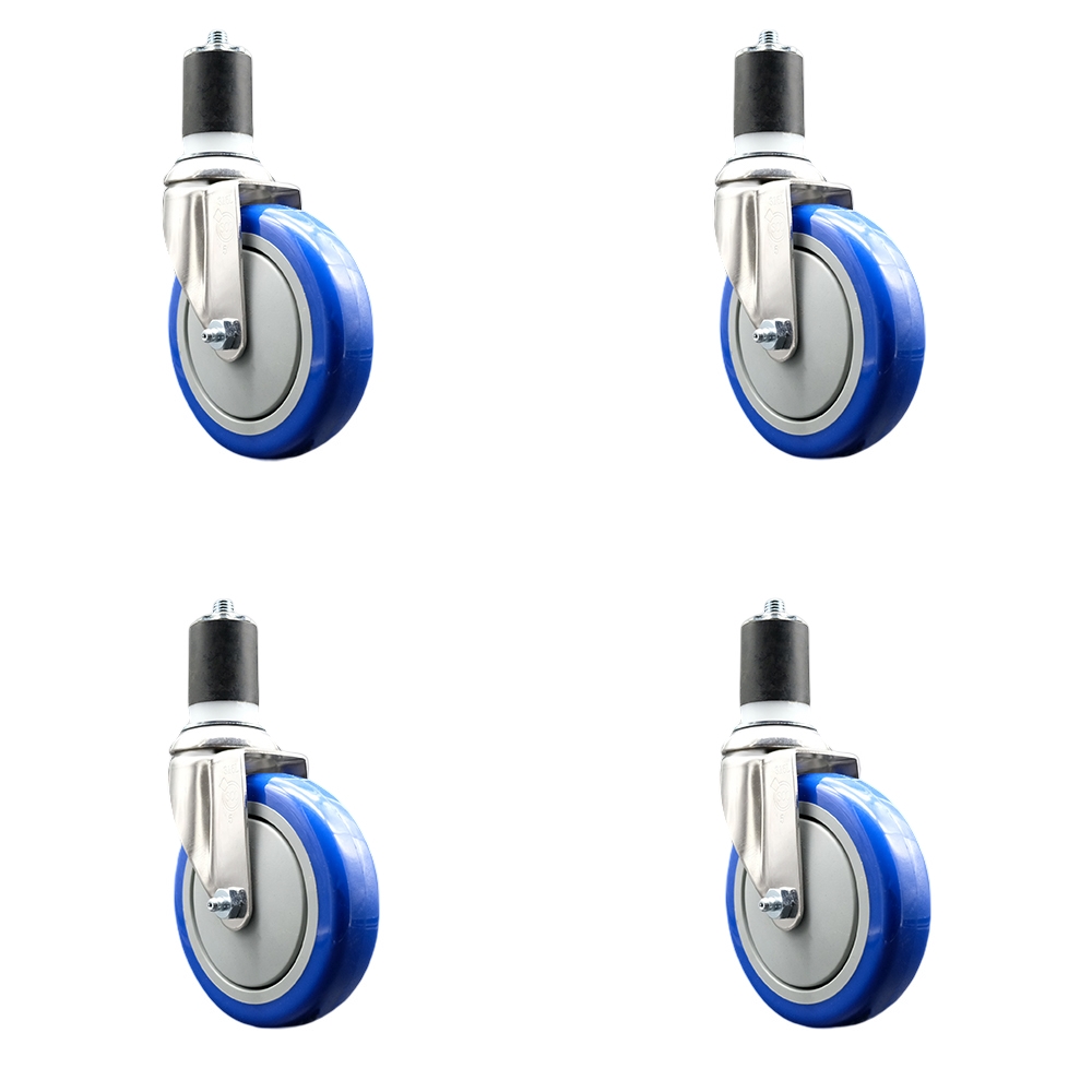 Polyurethane Swivel Stem Caster Set of 4 with 5 Inch Blue Caster Wheels - 1-3/4" Expanding Stems - 316 Stainless Steel Casters - Includes 4 Swivel Casters - Service Caster Brand — photo 1