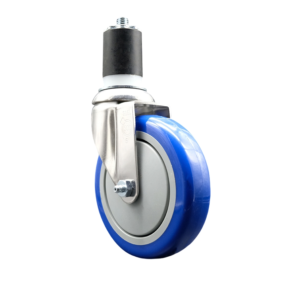 Polyurethane Swivel Stem Caster with 5 Inch Blue Caster Wheel - 1-3/4" Expanding Stem - 316 Stainless Steel Caster - 350 lbs. Capacity Per Caster - Service Caster Brand — photo 1