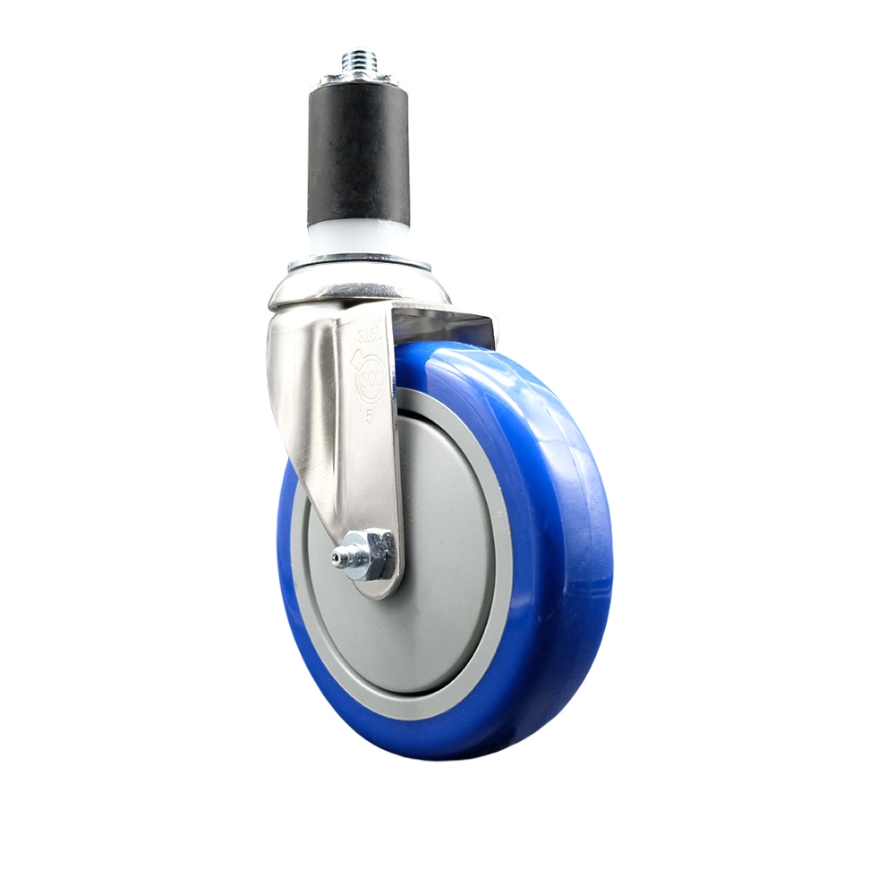 Polyurethane Swivel Stem Caster with 5 Inch Blue Caster Wheel - 1-5/8" Expanding Stem - 316 Stainless Steel Caster - 350 lbs. Capacity Per Caster - Service Caster Brand — photo 1