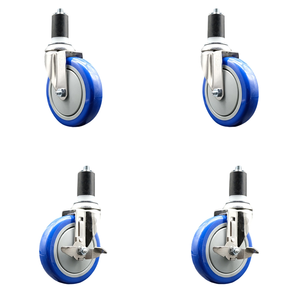 Polyurethane Swivel Stem Caster Set of 4 with 5 Inch Blue Caster Wheels - 1-1/2" Expanding Stems - 316 Stainless Steel Casters-Includes 2 Swivel with Top Lock Brakes and 2 Swivel-Service Caster Brand — photo 1