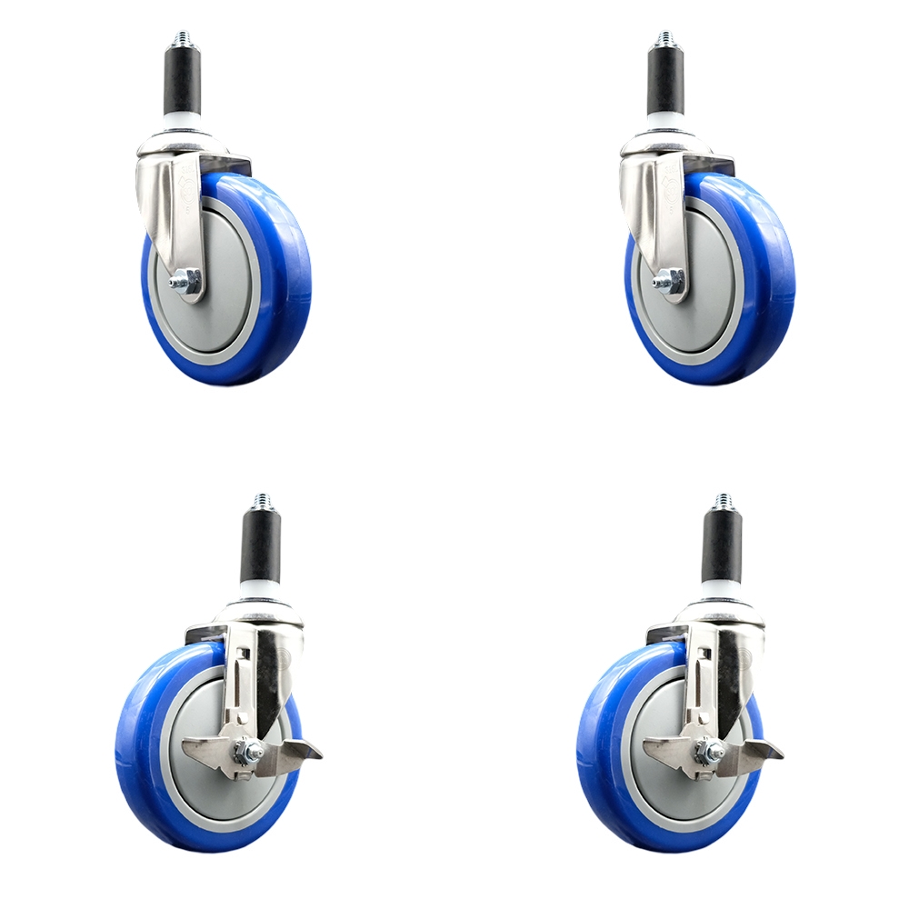 Polyurethane Swivel Stem Caster Set of 4 with 5 Inch Blue Caster Wheels - 1-1/4" Expanding Stems - 316 Stainless Steel Casters-Includes 2 Swivel with Top Lock Brakes and 2 Swivel-Service Caster Brand — photo 1