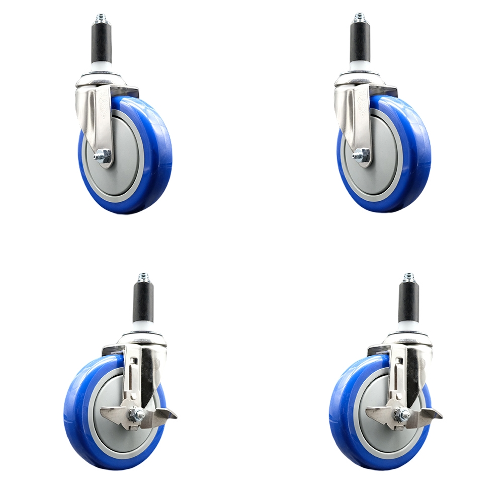 Polyurethane Swivel Stem Caster Set of 4 with 5 Inch Blue Caster Wheels - 1-1/8" Expanding Stems - 316 Stainless Steel Casters-Includes 2 Swivel with Top Lock Brakes and 2 Swivel-Service Caster Brand — photo 1