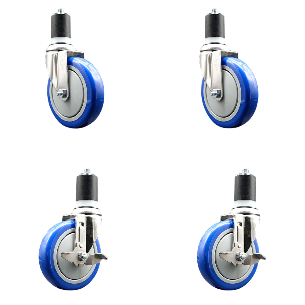 Polyurethane Swivel Stem Caster Set of 4 with 5 Inch Blue Caster Wheels - 1-3/4" Expanding Stems - 316 Stainless Steel Casters-Includes 2 Swivel with Top Lock Brakes and 2 Swivel-Service Caster Brand — photo 1