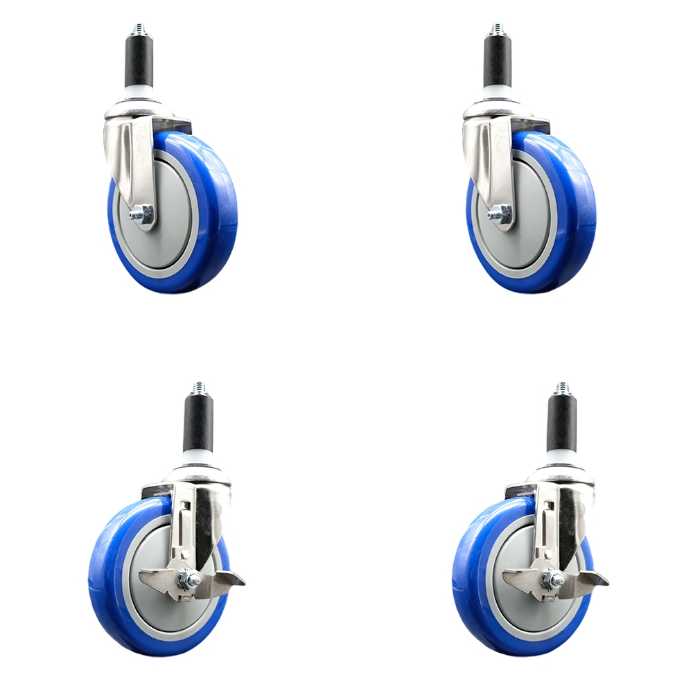 Polyurethane Swivel Stem Caster Set of 4 with 5 Inch Blue Caster Wheels - 1-3/8" Expanding Stems - 316 Stainless Steel Casters-Includes 2 Swivel with Top Lock Brakes and 2 Swivel-Service Caster Brand — photo 1