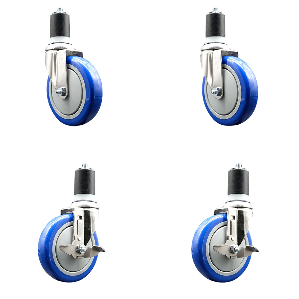 Polyurethane Swivel Stem Caster Set of 4 with 5 Inch Blue Caster Wheels - 1-7/8" Expanding Stems - 316 Stainless Steel Casters-Includes 2 Swivel with Top Lock Brakes and 2 Swivel-Service Caster Brand — photo 1