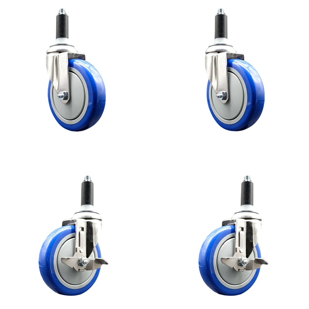 Polyurethane Swivel Stem Caster Set of 4 with 5 Inch Blue Caster Wheels - 1" Expanding Stems - 316 Stainless Steel Casters - Includes 2 Swivel with Top Lock Brakes and 2 Swivel - Service Caster Brand — photo 1