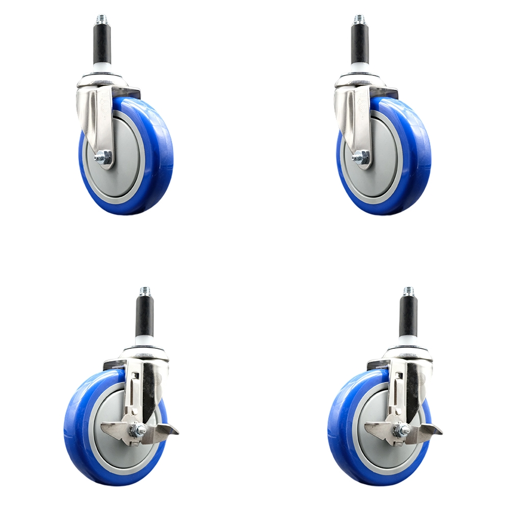 Polyurethane Swivel Stem Caster Set of 4 with 5 Inch Blue Caster Wheels - 3/4" Expanding Stems - 316 Stainless Steel Casters - Includes 2 Swivel with Top Lock Brakes and 2 Swivel-Service Caster Brand — photo 1