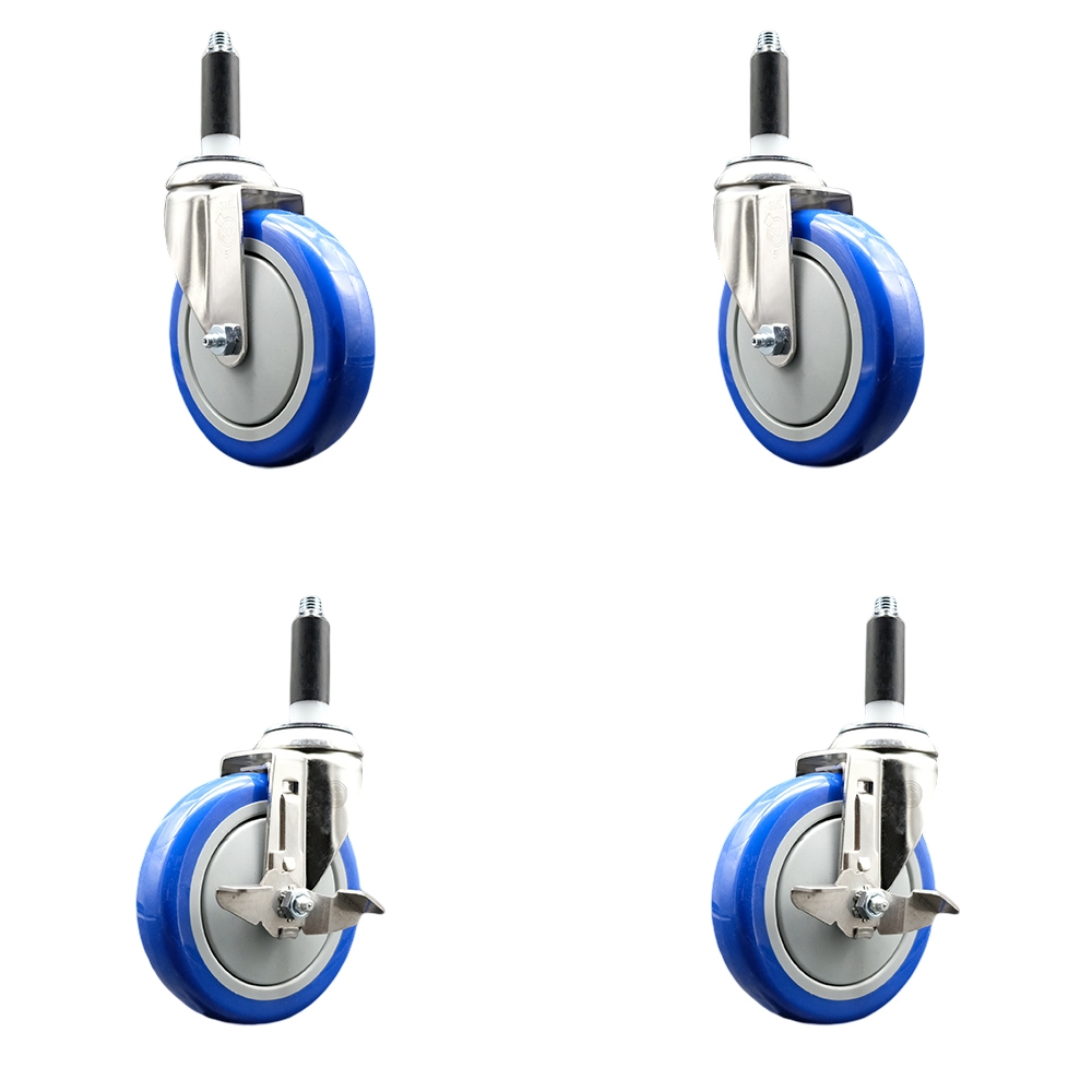 Polyurethane Swivel Stem Caster Set of 4 with 5 Inch Blue Caster Wheels - 7/8" Expanding Stems - 316 Stainless Steel Casters - Includes 2 Swivel with Top Lock Brakes and 2 Swivel-Service Caster Brand — photo 1