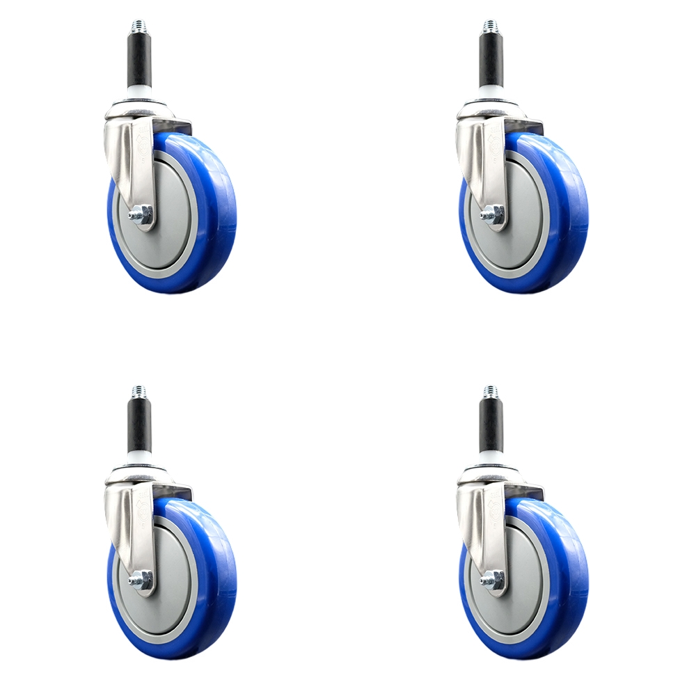 Polyurethane Swivel Stem Caster Set of 4 with 5 Inch Blue Caster Wheels - 3/4" Expanding Stems - 316 Stainless Steel Casters - Includes 4 Swivel Casters - Service Caster Brand — photo 1