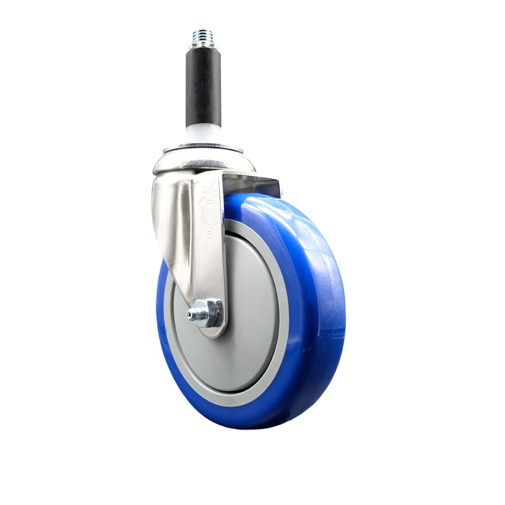 Polyurethane Swivel Stem Caster with 5 Inch Blue Caster Wheel - 7/8" Expanding Stem - 316 Stainless Steel Caster - 350 lbs. Capacity Per Caster - Service Caster Brand — photo 1