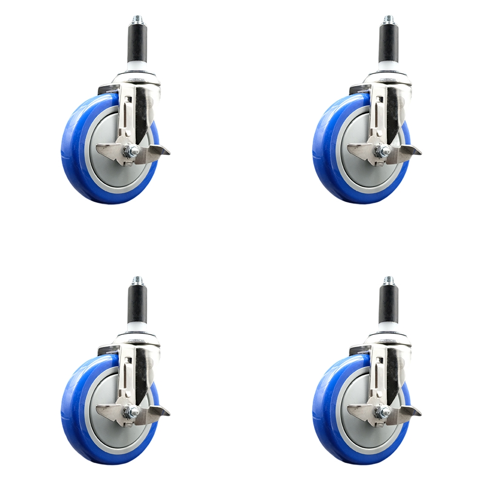 Polyurethane Swivel Stem Caster Set of 4 with 5 Inch Blue Caster Wheels - 1" Expanding Stems - 316 Stainless Steel Casters - Includes 4 Swivel Casters with Top Lock Brakes - Service Caster Brand — photo 1