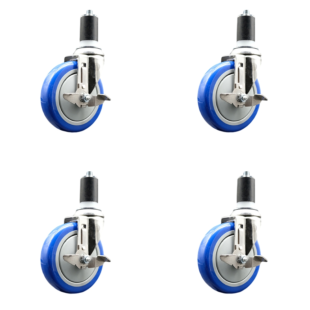 Polyurethane Swivel Stem Caster Set of 4 with 5 Inch Blue Caster Wheels - 1-1/2" Expanding Stems - 316 Stainless Steel Casters - Includes 4 Swivel Casters with Top Lock Brakes - Service Caster Brand — photo 1