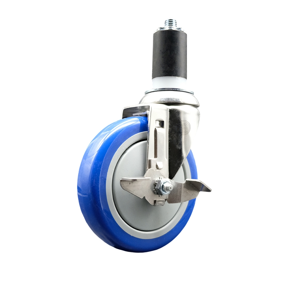 Polyurethane Swivel Stem Caster with 5 Inch Blue Caster Wheel and Top Lock Brake - 1-1/2" Expanding Stem - 316 Stainless Steel Caster - 350 lbs. Capacity Per Caster - Service Caster Brand — photo 1