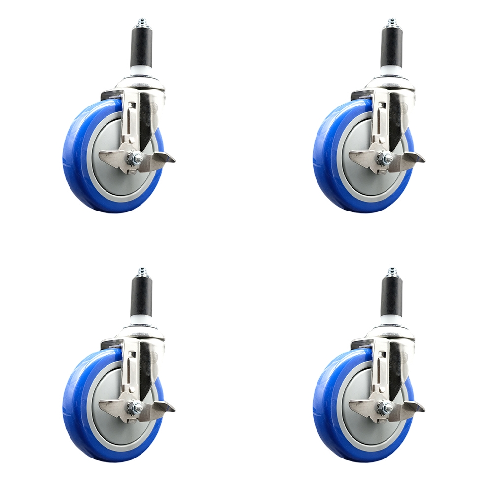 Polyurethane Swivel Stem Caster Set of 4 with 5 Inch Blue Caster Wheels - 1-1/4" Expanding Stems - 316 Stainless Steel Casters - Includes 4 Swivel Casters with Top Lock Brakes - Service Caster Brand — photo 1
