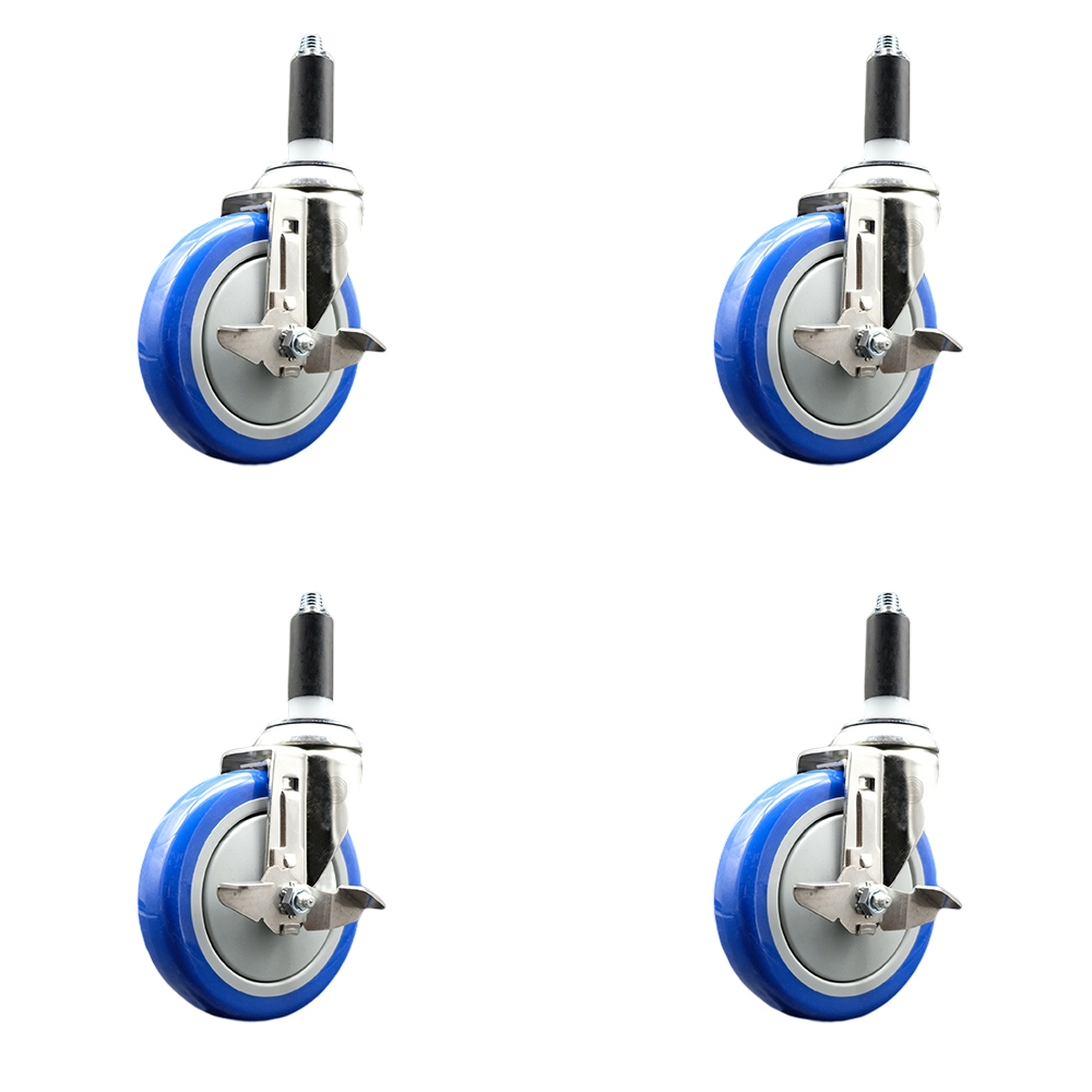 Polyurethane Swivel Stem Caster Set of 4 with 5 Inch Blue Caster Wheels - 1-1/8" Expanding Stems - 316 Stainless Steel Casters - Includes 4 Swivel Casters with Top Lock Brakes - Service Caster Brand — photo 1