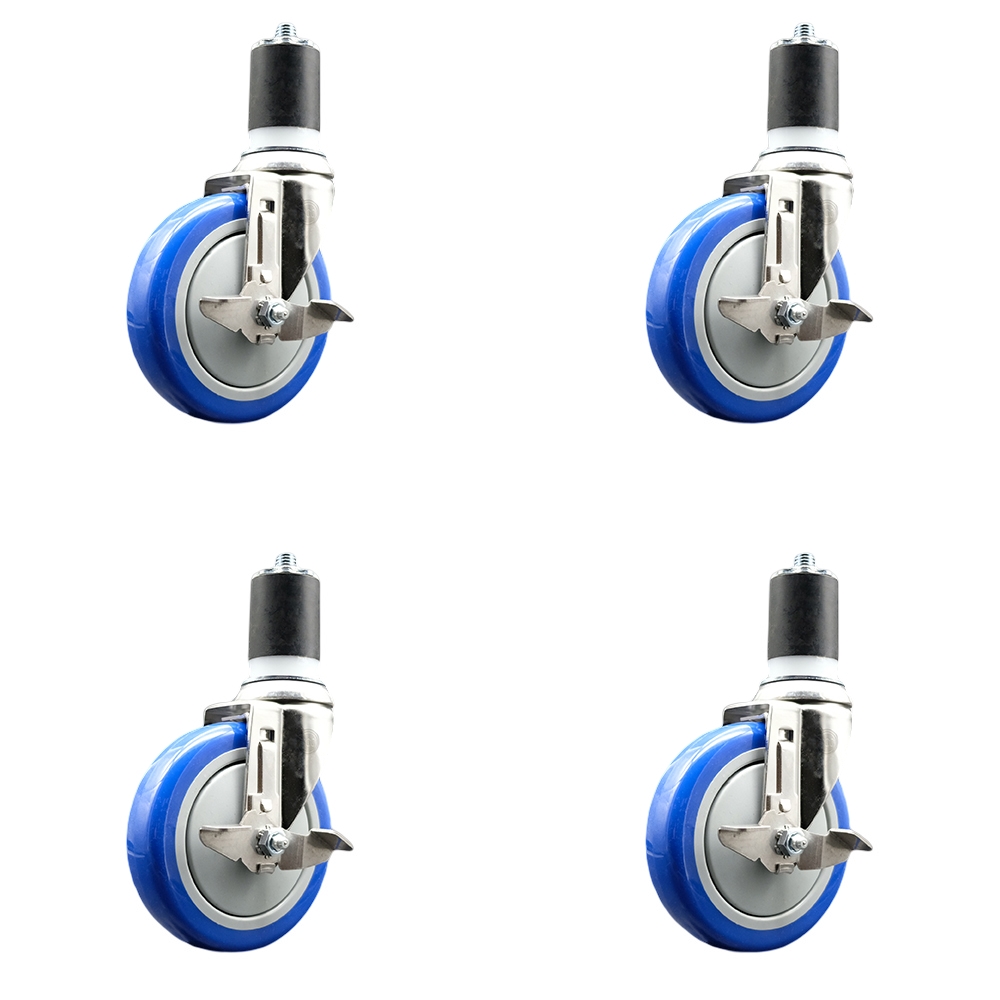 Polyurethane Swivel Stem Caster Set of 4 with 5 Inch Blue Caster Wheels - 1-3/4" Expanding Stems - 316 Stainless Steel Casters - Includes 4 Swivel Casters with Top Lock Brakes - Service Caster Brand — photo 1