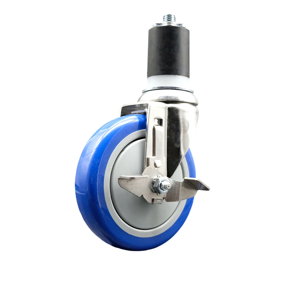 Polyurethane Swivel Stem Caster with 5 Inch Blue Caster Wheel and Top Lock Brake - 1-3/4" Expanding Stem - 316 Stainless Steel Caster - 350 lbs. Capacity Per Caster - Service Caster Brand — photo 1