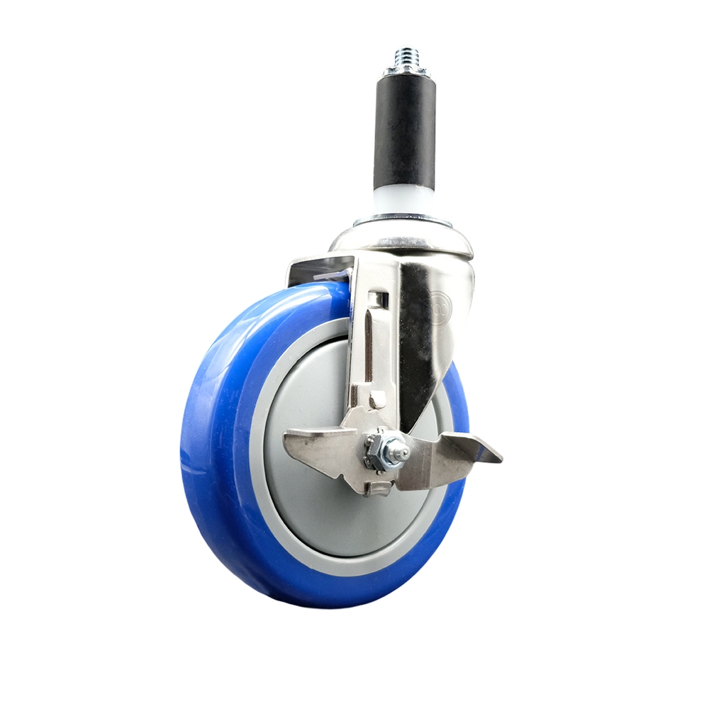Polyurethane Swivel Stem Caster with 5 Inch Blue Caster Wheel and Top Lock Brake - 1-3/8" Expanding Stem - 316 Stainless Steel Caster - 350 lbs. Capacity Per Caster - Service Caster Brand — photo 1