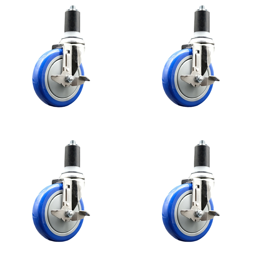 Polyurethane Swivel Stem Caster Set of 4 with 5 Inch Blue Caster Wheels - 1-5/8" Expanding Stems - 316 Stainless Steel Casters - Includes 4 Swivel Casters with Top Lock Brakes - Service Caster Brand — photo 1