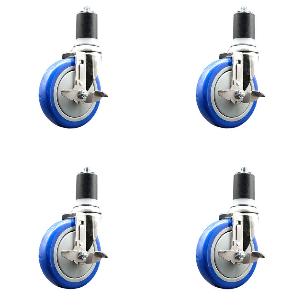 Polyurethane Swivel Stem Caster Set of 4 with 5 Inch Blue Caster Wheels - 1-7/8" Expanding Stems - 316 Stainless Steel Casters - Includes 4 Swivel Casters with Top Lock Brakes - Service Caster Brand — photo 1