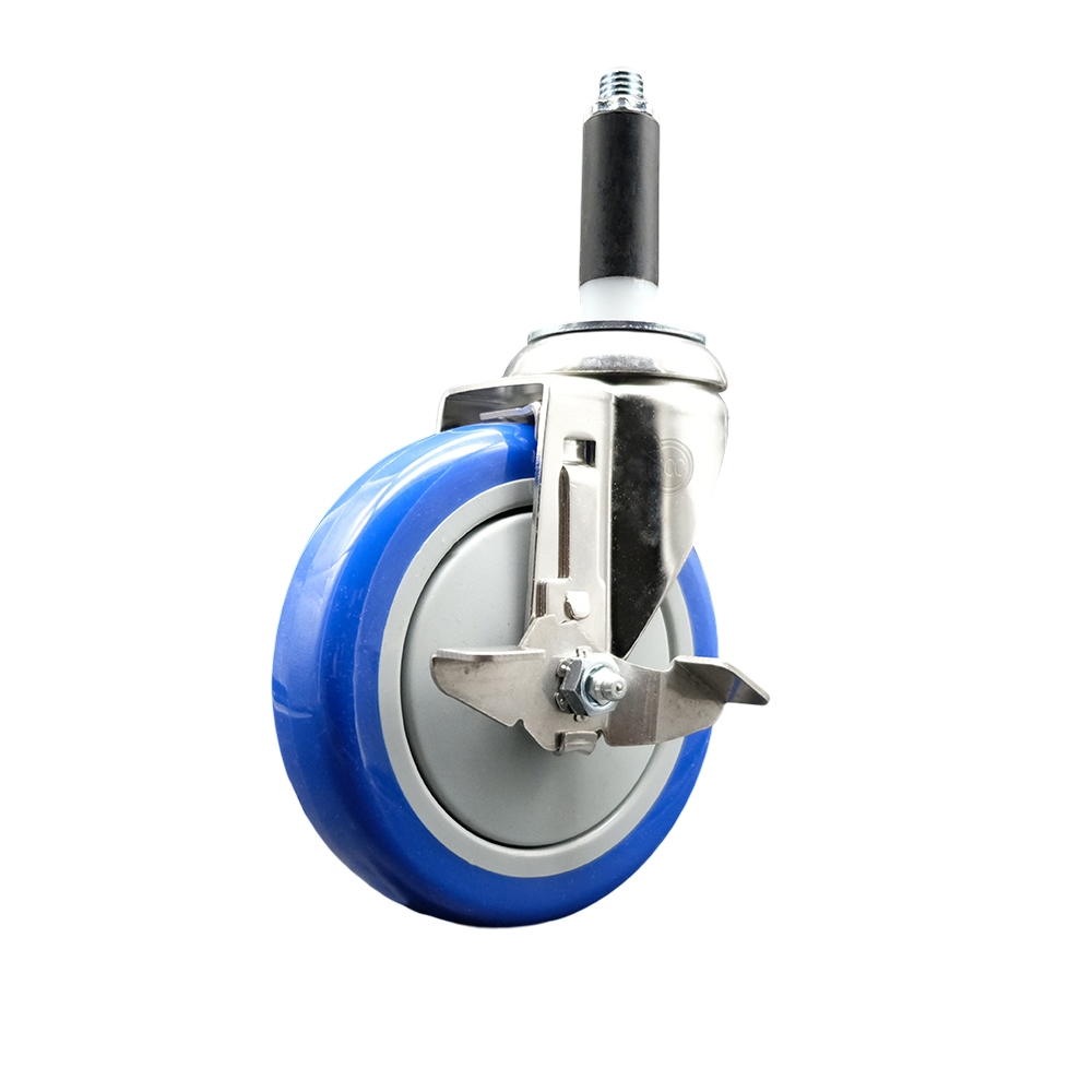 Polyurethane Swivel Stem Caster with 5 Inch Blue Caster Wheel and Top Lock Brake - 3/4" Expanding Stem - 316 Stainless Steel Caster - 350 lbs. Capacity Per Caster - Service Caster Brand — photo 1